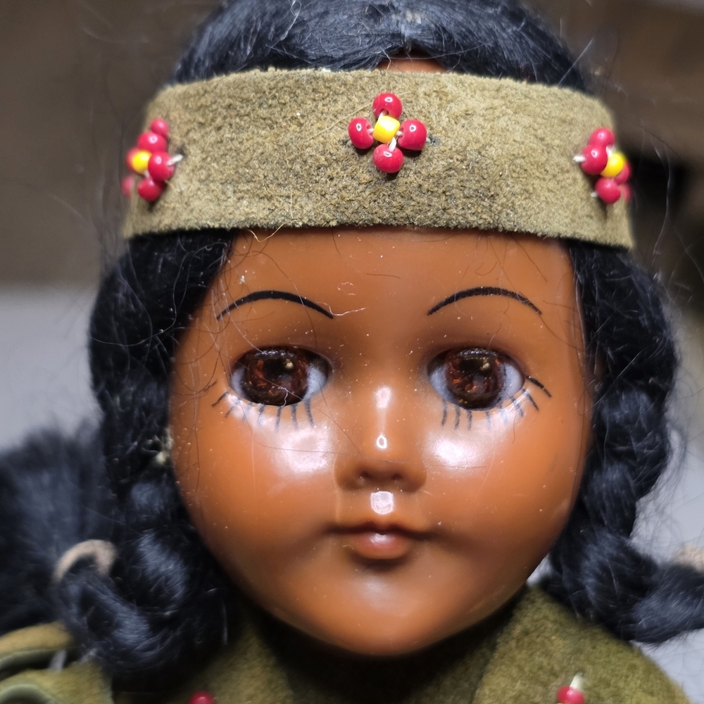 Native American Doll Traditional Green Suede Leather Dress Retro Vintage Toys